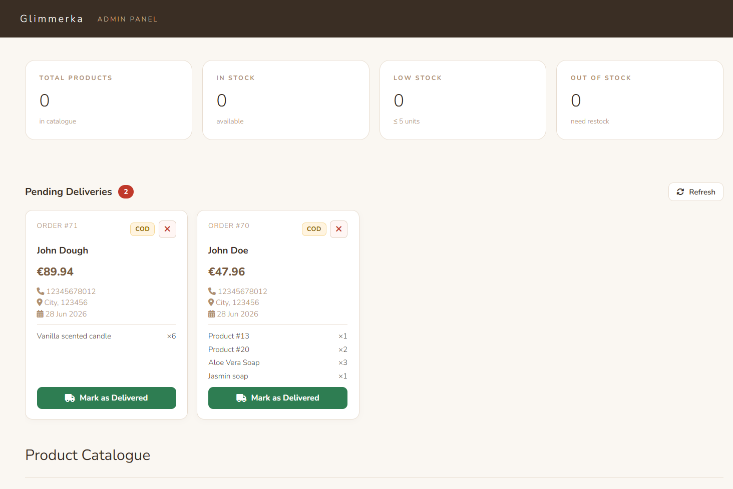Glimmerka admin panel interface